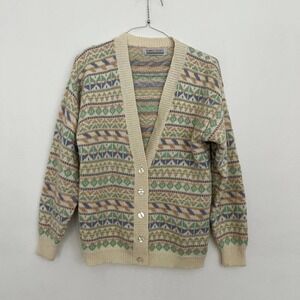 VTG Karen Scott Alpine Cardigan Women's Medium Cream Pastel V Neck Oversized